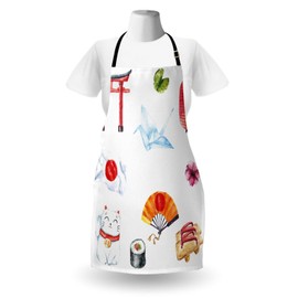 Ambesonne Japanese Apron, Hand Drawn Traditional Elements Watercolors Origami Bird Flag Lucky Cat Theme, Unisex Kitchen Bib with Adjustable Neck for Cooking Gardening, Adult Size, Multicolor