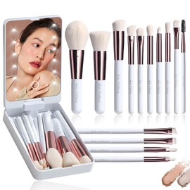 Set de Brochas de Maquillaje, 14 Piezas, con Espejo LED Recargable, Portátil, Negro (Blanco)