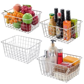 JUNCHU CHERRY Wire Storage Basket Standard Type 4 Pack, Perfect Kitchen Organization or Pantry Storage,Household Organizer, Countertop Storage Basket, Wardrobe Organizers,Chrome