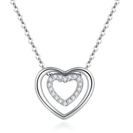 Heart Necklace 925 Sterling Silver Heart Pendant Heart Shape Chain Double Heart Jewellery Gift for Girls Women Children, Sterling Silver, Cubic Zirconia