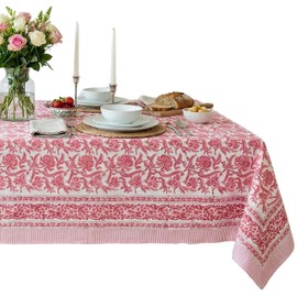 ATOSII Red Bloom 100% Cotton Rectangle Tablecloth, Block Print Floral Linen Table Cloth for Dining Parties Outdoors Weddings Holidays I 72 X 140 Inches, 12 Seater, Summer Farmhouse Grandmillennial