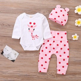 i-Auto Time Cute Newborn Baby Girl Clothes Giraffe Romper+Pink Dot Pant+Hat Outfit Set (Long Sleeve, 0-3 Months)