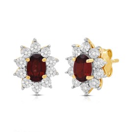 Jewelili Sterling Silver or Rose or Yellow Gold over Silver 6x4 MM Oval Created or Genuine Gemstone and 1/20 Cttw Natural White Round Diamond Cluster Stud Earrings, metal, garnet