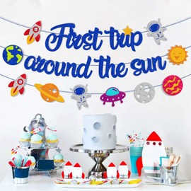 First Trip Around the Sun Banner Outer Space Sun Planets Rocket Galaxy Astronaut Universe Ship Theme 1st Birthday One Year Old Birthday Decoration Baby Shower Party Supplies (Glitter Blue)