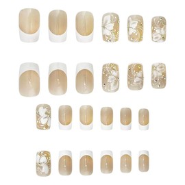 Medium Press on Nails Square Fake Nails White French Tip False Nails with Flower Design Glue on Nails Rhinestone Full Cover Stick on Nails Floral Acrylic Nails for Women Spring Manicure 24Pcs