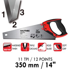 HAUTMEC 14 in. Universal Hand Saw - 11 TPI Fine Cuts Wood Saw - Professional Universal Saws for Wood, Laminate And Plastic - Crosscut Saw, HT0024