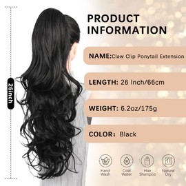 26 Inch Black Ponytail Extension - Soft Wavy Pony Tails Hair Extensions, Claw Clip Ponytail Extension, Natural Long Hair Extensions Ponytail, Synthetic Hair Pieces for Women (Color: Black)