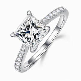 MOOSEA 2CT Princess Cut Moissanite Engagement Rings for Women, 925 Sterling Silver 14K White Gold Plated Wedding Band, D Color VVS1 Clarity Promise Rings for Her Moissanite Rings for Women Jewelry