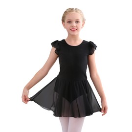 Stelle Ballet Leotards for Girls Dance Leotard with Skirt Toddler Pink Ballet Outfit Ruffle Sleeve Kids Dance Dress（A17-Black,5T