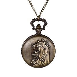 JewelryWe Vintage Pocket Watch Antique Horse Locket Pendant Necklace Quartz Watch with Chain