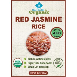 Organic Red Jasmine Thai Rice - High Fiber Superfood - Gluten Free, Preservative Free, Small Lot Farmed from Thailand - 4 LB