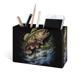 Famame Bass Fish Fishing Hunting Camping Pencil Holder for Desk, Leather Desktop Container Pen Cup Storage Study Table Pen Organizer Makeup Brush Holder for Classroom Office Home