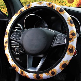 Sunflower Steering Wheel Cover for Women Men, Cute Car SUV Wheel Protector, Elastic Stretch, Breathable, Anti-Slip, Odorless, Universal Fit 14.5-15 Inch