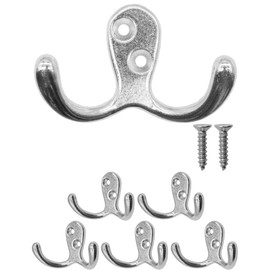 Fuxxer® 5 x Classic Double Hooks, Wardrobe Hooks, 70 x 48 mm, Chrome, Silver, Set of 5