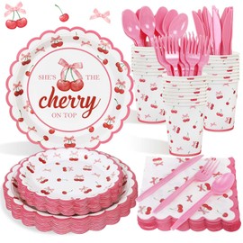 175pcs Cherry On Top Baby Shower Decorations Plates Set, She's The Cherry On Top Decorations Paper Plates Napkins Cups Cutlery for 25 Guests
