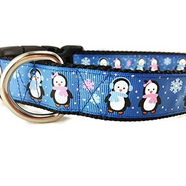Penguin Dog Collar, Caninedesign, Christmas, Blue, 1 inch Wide, Adjustable, Nylon, Medium and Large (Blue Penguins, Large 15-22")