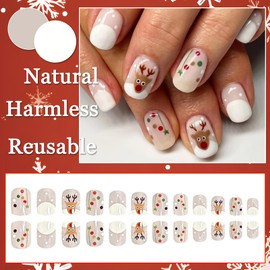 Ceboic Pack of 24 Christmas Nails for Sticking, Short Square, White Ballerina French Press on Nails with Cute Elk Design, Natural Artificial Nails, Acrylic, Full Cover Artificial Nails for Women and
