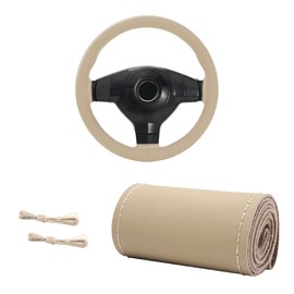 MUQIDA Genuine Leather Steering Wheel Cover, 15 Inches Breathable Stitch on Wrap Steering Wheel Cover, Anti-Slip Auto Wheel DIY Sewing Protector with Needle Thread (Beige, Glossy)