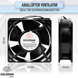 GOLDMAN SERVICE High Temperature Axial Fan for Plug-In Fireplace Cassette Quiet with Powerful Metal Blades Dimensions: 120 x 120 x 38 mm
