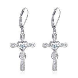VONALA Cross Earrings 925 Sterling Silver Infinity Cross Leverback Earrings Cross Dangle Drop Religious Jewellery Gifts for Women Girls, Sterling Silver, Cubic Zirconia