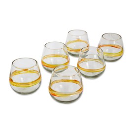 NOVICA Clear Yellow Stripe Hand Blown Glass Stemless Wine Glasses, 14 Oz, Round Ribbon Of Sunshine' (Set Of 6)
