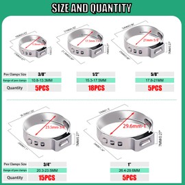 Twidec/48PCS 3/8",1/2",3/4",5/8",1" PEX Cinch Clamps Kit 5 size,Stainless Steel Pex Crimp Rings,Single Ear Hose Clamps For Pex Pipe Fitting Connections N-058-48PCS