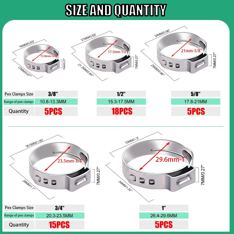 Twidec/48PCS 3/8",1/2",3/4",5/8",1" PEX Cinch Clamps Kit 5 size,Stainless Steel Pex