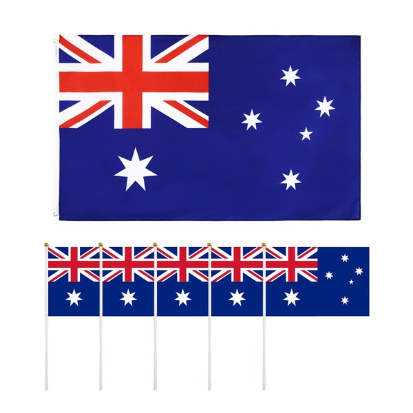 1pc Australian Flag And 5pcs Australian Hand Wave Flags, Australian Party Decorations, Flags, Suitable For National Day, Outdoor Activities, Celebrations, Sports Events, World Cup