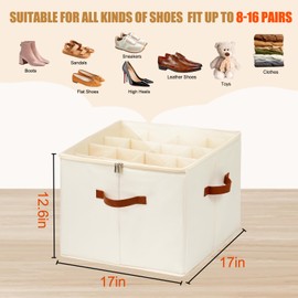Trsury Shoe Storage Organizer for Closet Fits 16 Pairs, Large Foldable Shoe Storage Boxes Bins, Fabric Shoe Box Storage Containers with Clear Cover, Adjustable Dividers, 3 Handles for Shoes (Beige)