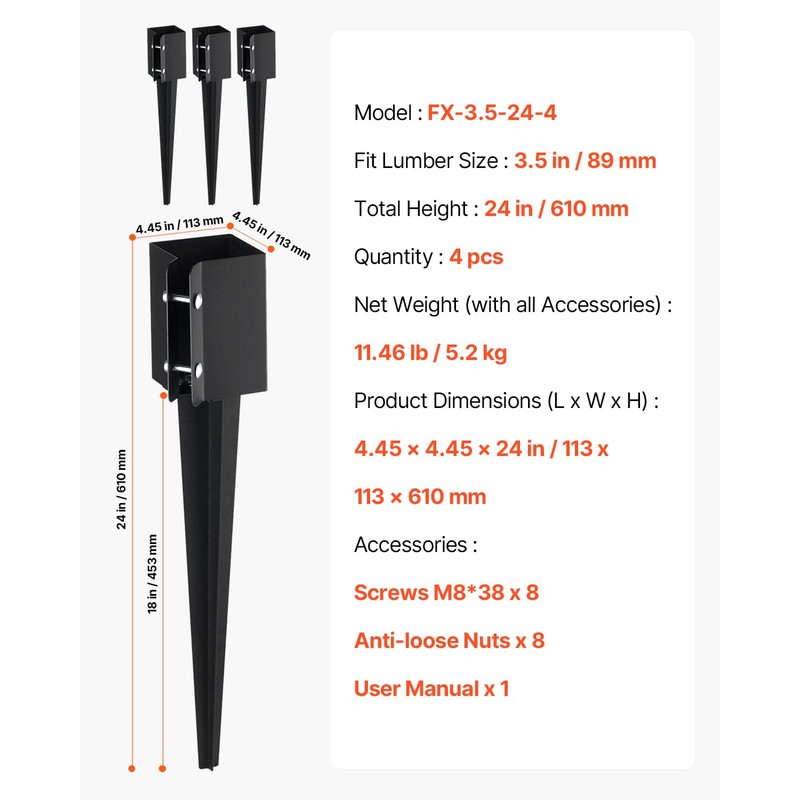 VEVOR Fence Post Anchor, 4 Pack 4 x 4 Inches