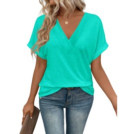 EyMuse T Shirts Short Sleeve V Neck Tees Womens Fashion Tops Loose Fit Lightweight Casual Summer Outfits Clothes 2025 Aqua,XL