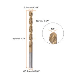 sourcing map Twist Drill Bit 5.1mm Titanium Coated (HSS-E) M42 High Speed Steel 8% Cobalt Straight Shank for Stainless Steel Aluminum Alloy Metal