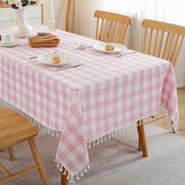 JIALE Pink Checkered Table Cloth Rectangle Cotton Linen Fabric Gingham Tablecloth with Tassel Washable Wrinkle Free Buffalo Plaid Table Cover for Spring Picnic Kitchen Dining, Pink and White, 55x106''