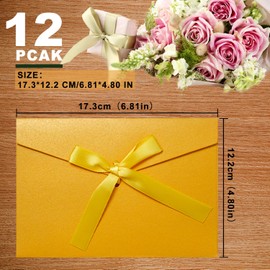 Pack of 12 Gold Envelopes with Ribbons, Card, 17.3 x 12.2 cm Greeting Card Envelopes for Party and Party, Birthday, Weddings, Baby Shower Invitations (Yellow)