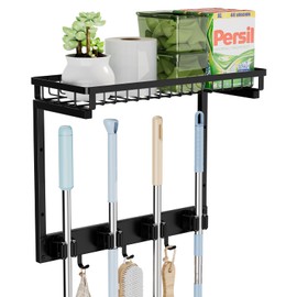 Broom Holder Wall Mount, Mop Organizer with Cleaning Tools Storage Shelf