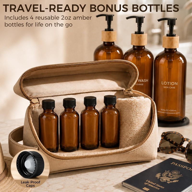 TBWIND 4 Pack 16oz Amber Glass Shampoo Dispenser Set with
