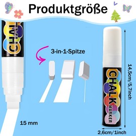 Caelura Kreidestifte für Tafel Abwaschbar, 2 Stück Kreidestift Weiß 15mm, Kreidemarker, Kreidestifte für Fenster, Glas, Metall, Keramik | Chalk Marker Weiß