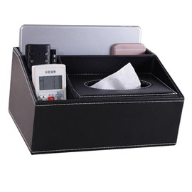 Pu Leather Black Tissue Box Cover, Multi-Compartment Tissue Box Holder Storage Box with Stationery Remote Control Home Napkin Holder Desktop Tissue Holder Desk Storage Box