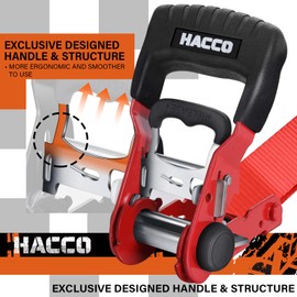 HACCOPLANET Ratchet Straps, 5280lb Break Strengeth, 1.6" Heavy Duty Ratchet Tie Down Strap Set w/Padded Handle, S Hook, Soft Loop for UTV Motorcycle Truck Cargo Straps (Red, 8FT)