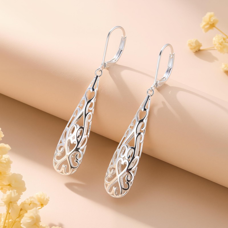 Silver Long Filigree Teardrop Dangle Earrings for Women
