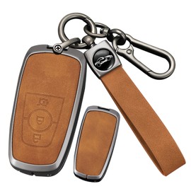 ontto Car Key Fob Cover Case fit for Ford Everest Fusion Mustang Explorer F150 F250 EcoSport Edge S-MAX Ranger Smart Key holder Metal Leather Shell bag keyring keychain accessories 3 buttons Brown B