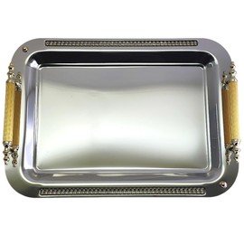 Maro Megastore (Pack of 2) 17.1 inch x 12.4 inch Oblong Chrome Plated Serving Tray with Iron Gold Handles Stylish in Different Design Floral Engraved Edge Decorative Party Dessert Platter Plate NC-034