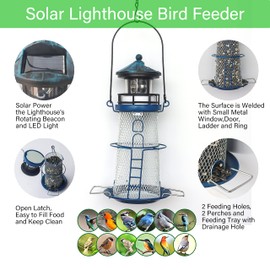 HSHD Solar Bird Feeder Lighthouse with Rotating Beacon LED Light, Outdoors Hanging, 14" Lighthouse Gifts for Bird Lover (Blue)
