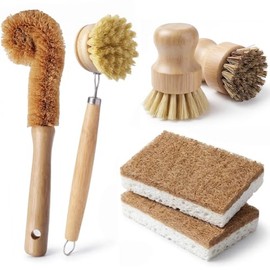 Natural Bamboo Dish Brush Set - 6 PCS Kitchen Cleaning Brush Kit with 4 Utensil Brushes and 2 Coconut Fiber Dish Sponges, for Cleaning Pots, Pans, Dis