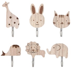 QINGZY 6 Stück Hölzerne Tierwandhaken, Selbstklebender Haken aus Holz, Süße Tier Kleiderhaken, Cartoon Wandhaken für Schlafzimmer Badezimmer Küche