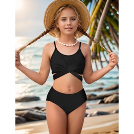 AGERWAY Girls Swimsuit Size 14-16 Girls Bathing Suit Criss Cross Bikini Set Two Piece Adjustable Shoulder Straps Bathing Suits for Teens Solid Color Black 15-16 Years