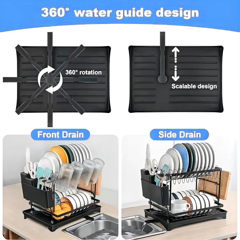 AIDERLY 2 Tier Dish Drainer Rack with Drip Tray Cutlery