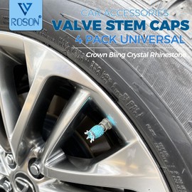 ROSON Valve Stem Caps, 4 Pack Handmade Crown Bling Crystal Rhinestone Car Wheel Tire Valve, Attractive Dustproof Car Accessories, Universal Stem Air Caps Covers for Most Vehicles (Azure)