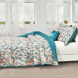 SLEEPBELLA Floral Cotton Quilt 3Pcs, Muticolor Leaves Pattern on White, Luxury Lightweight Coverlet Sets for All Season(King 106x96, Muticolor Leaves)