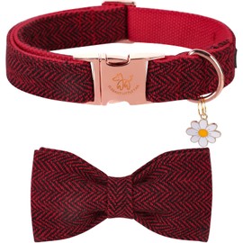 Elegant little tail Christmas Dog Collar with Bow - Herringbone Red Black Dog Collar Bow Durable Bowtie Collar for Small Dogs